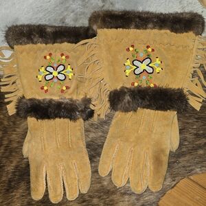 Embroidered Tan Suede Gloves with Fur Trim
